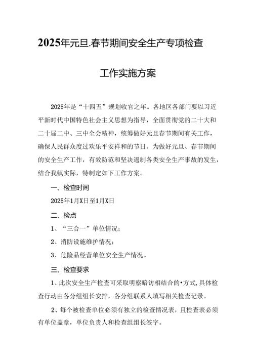 2025年《元旦、春节期间安全生产专项检查》工作实施方案 （合计3份）.docx