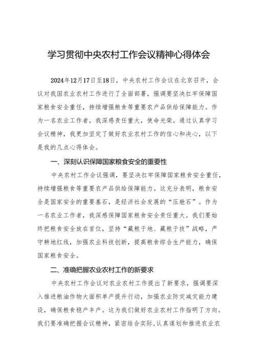 两篇村干部学习贯彻2024年中央农村工作会议精神的心得感悟.docx