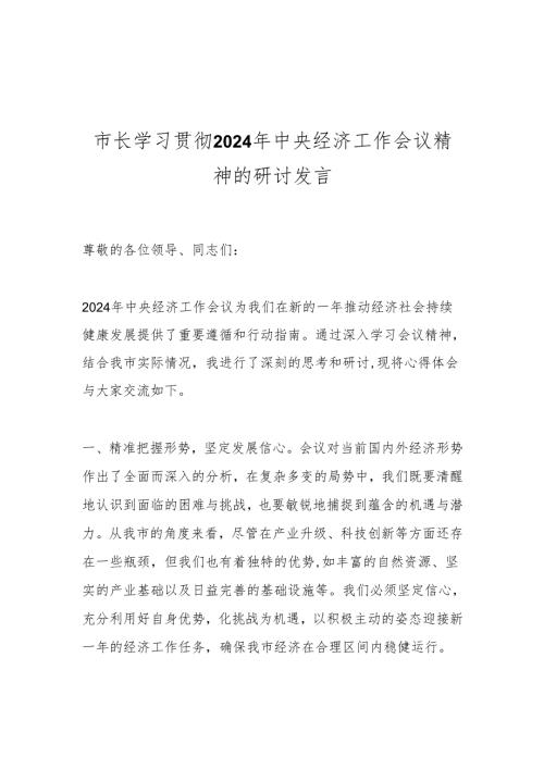 市长学习贯彻2024年中央经济工作会议精神的研讨发言.docx