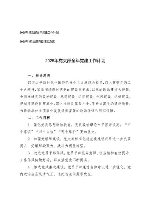 2025年党支部全年党建工作计划+2025年1月主题党日活动方案.docx