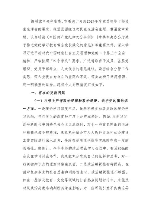 人大副主任2024年度民主生活个人四个带头检查材料检视材料范文两篇.docx