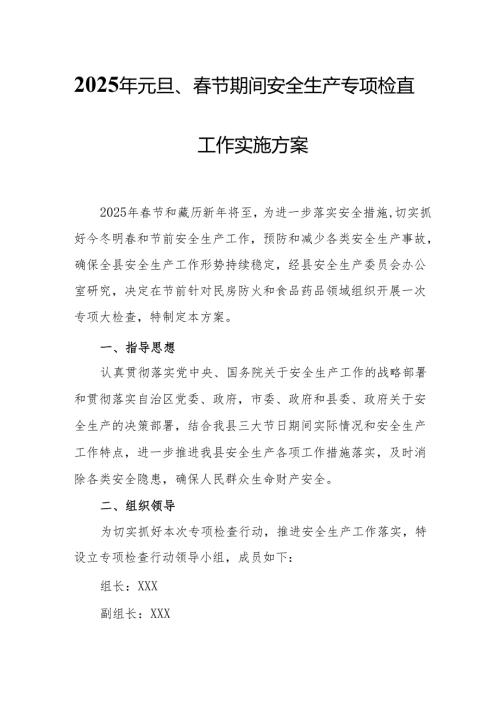 2025年元旦、春节期间安全生产专项检查工作方案.docx