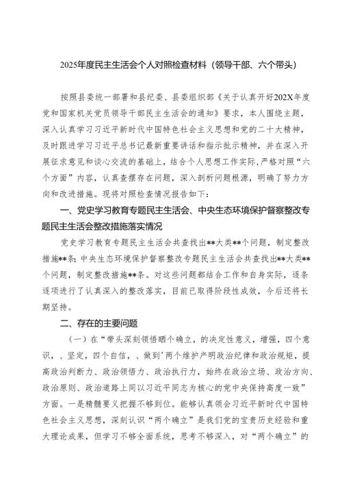 2025年度民主生活会个人对照检查材料（领导干部、六个带头）5篇（精选版）.docx