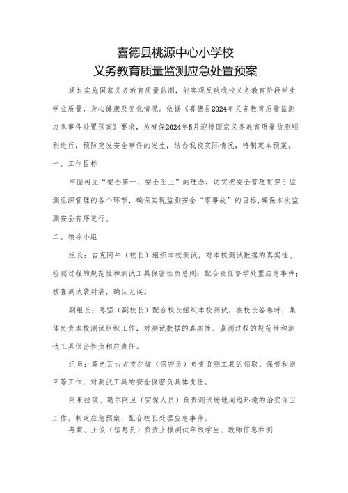 喜德县桃源中心小学校质量监测应急预案.docx