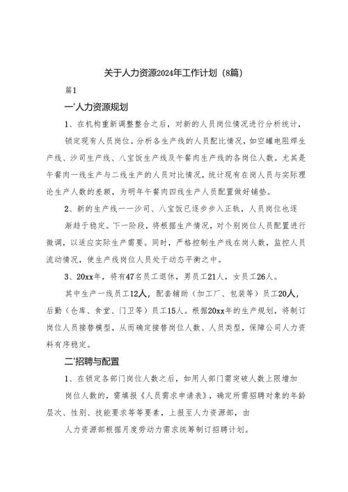 （8篇）关于人力资源2024年工作计划.docx