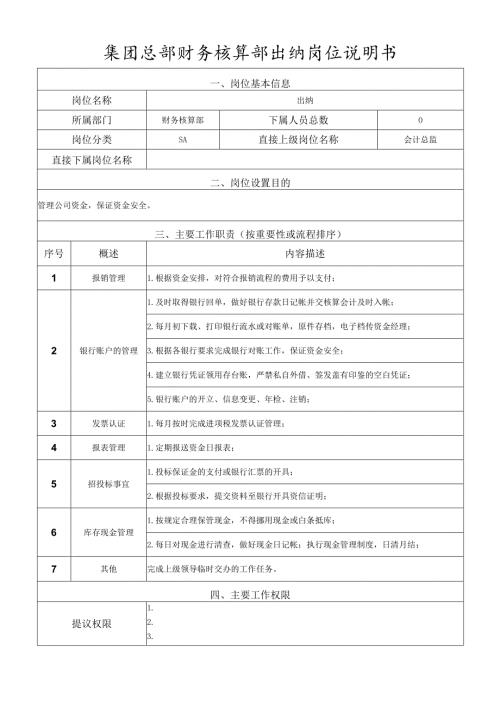 岗位说明书-财务核算部-出纳岗.docx