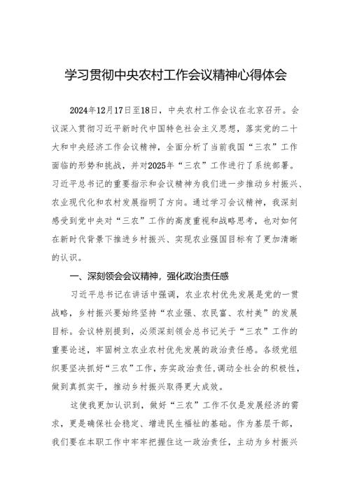 两篇学习贯彻2024年中央农村工作会议精神的心得体会.docx