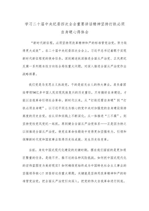 学习二十届中央纪委四次全会重要讲话精神坚持打铁必须自身硬心得体会.docx