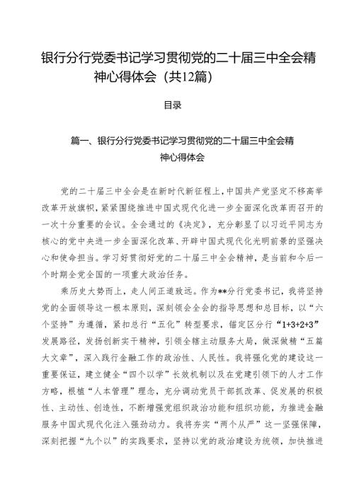 银行分行党委书记学习贯彻党的二十届三中全会精神心得体会12篇（详细版）.docx