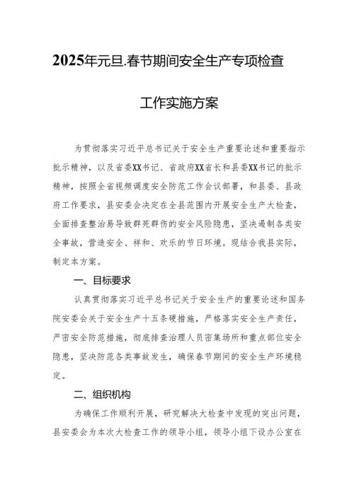 2025年《元旦、春节期间安全生产专项检查》工作方案 （3份）.docx