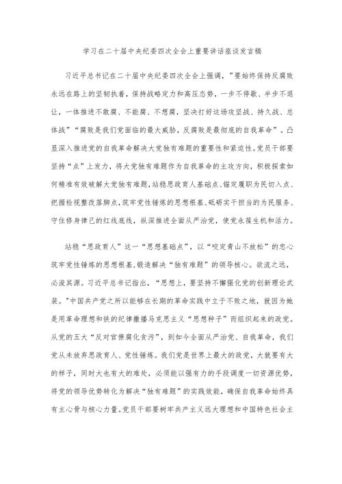学习在二十届中央纪委四次全会上重要讲话座谈发言稿.docx