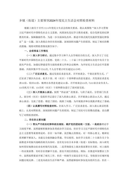 乡镇（街道）主要领导2024年度民主生活会对照检查材料.docx