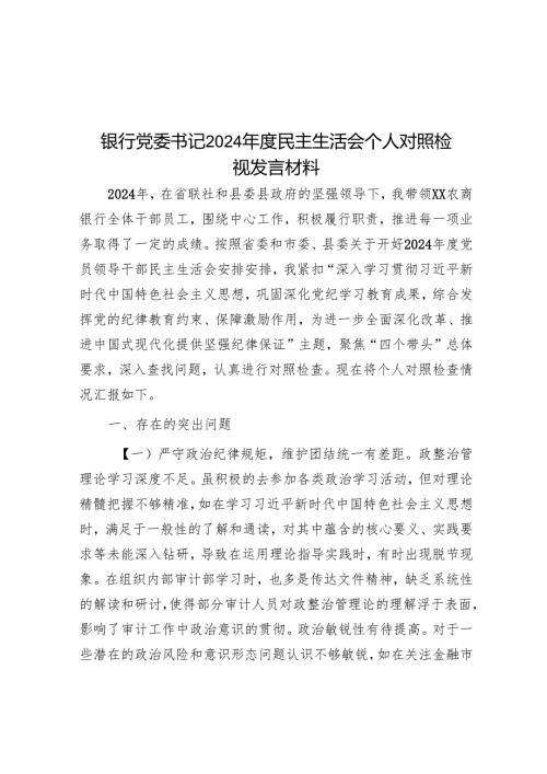 银行党委书记2024年度民主生活会个人对照检视发言材料.docx