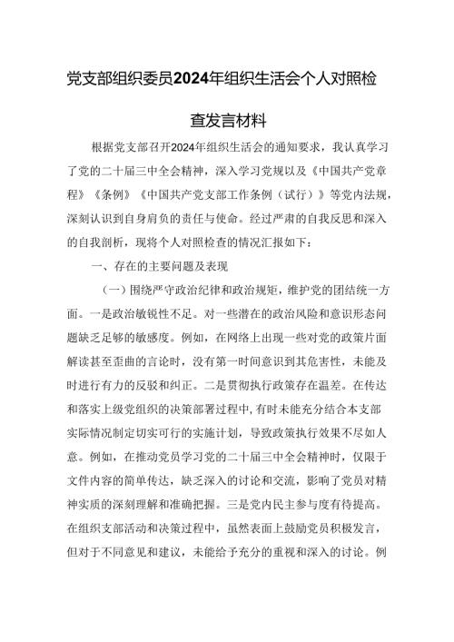 党支部组织委员2024年组织生活会个人对照检查发言材料.docx