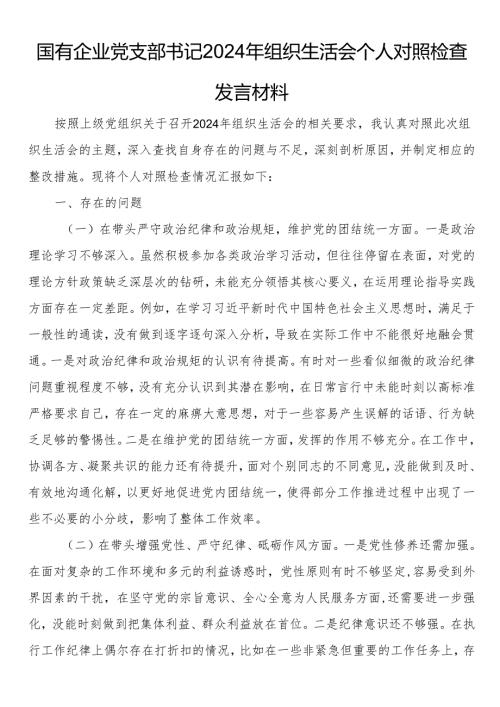 国有企业党支部书记2024年组织生活会个人对照检查发言材料 .docx