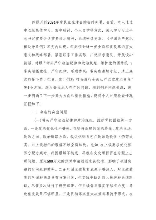 最新财政局局长2024年度民主生活四个带头检查材料word可编辑文档.docx