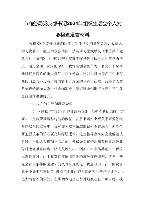 市商务局党支部书记2024年组织生活会个人对照检查发言材料.docx