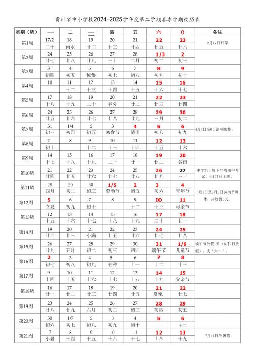 贵州省贵阳六盘水遵义安顺毕节铜仁市中小学校2024-2025学年度第二学期春季学期校历表word可编辑模板.docx