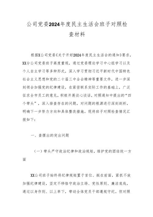 公司党委2024年度民主生活会班子对照检查材料.docx
