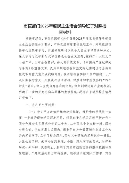 2025年民主生活会对照检查材料精选两篇合辑（政府班子成员+部门）.docx