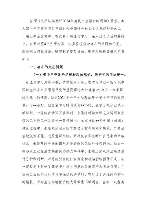 最新镇党委副书记2024年度民主生活个人四个带头检查材料查摆剖析材料Word文档.docx