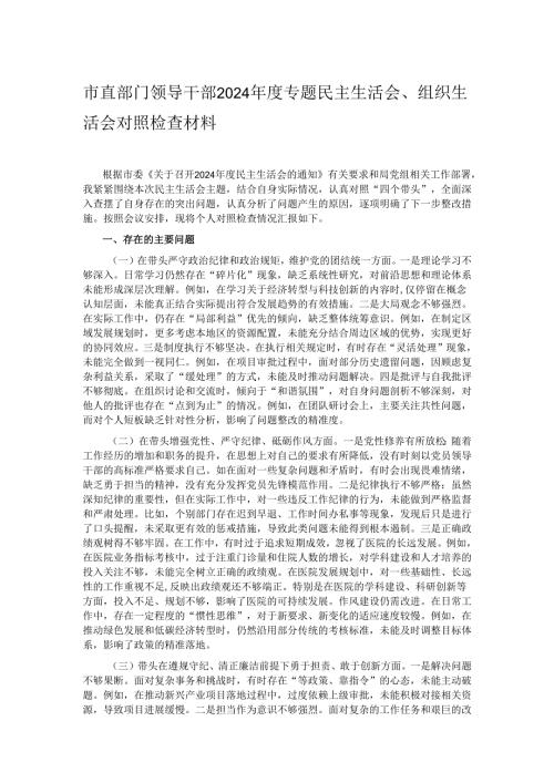 市直部门领导干部2024年度专题民主生活会、组织生活会对照检查材料.docx