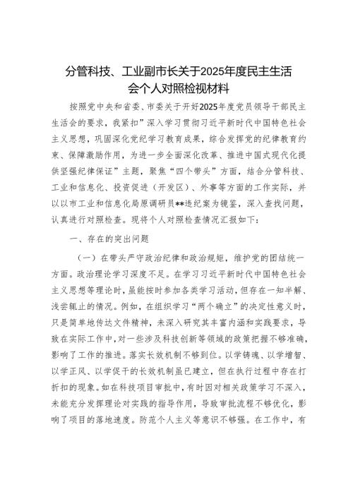 2025年民主生活会对照检查材料精选两篇合辑（副书记+副市长）.docx