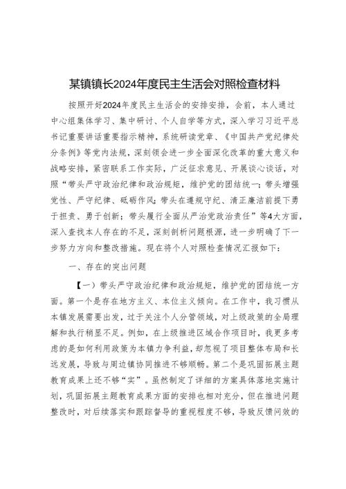 某镇镇长2024年度民主生活会对照检查材料.docx