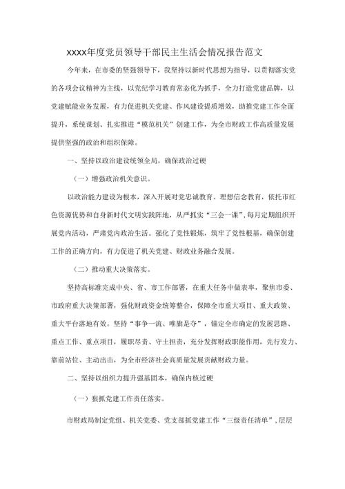 XXXX年度党员领导干部民主生活会情况报告范文.docx