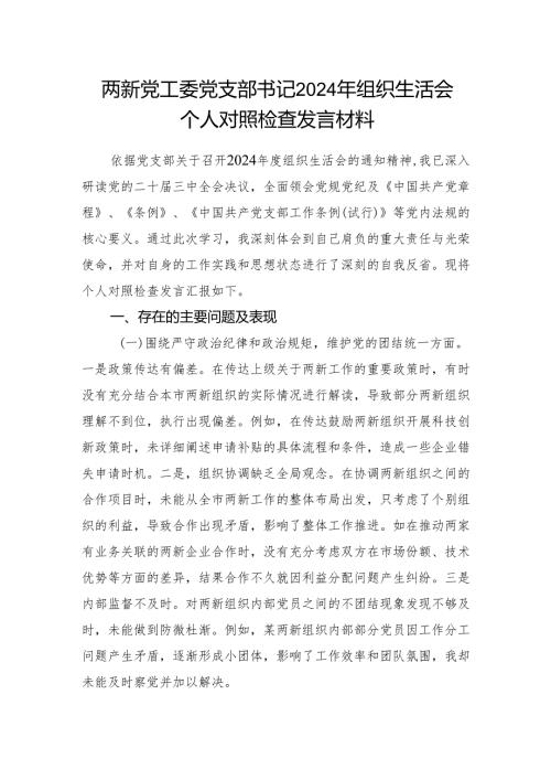 两新党工委党支部书记四个带头五个方面2024年度组织生活会个人对照检查发言材料.docx