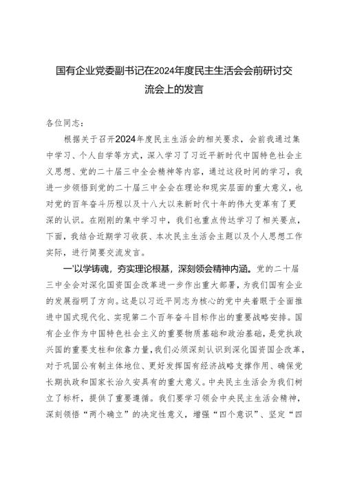 2025年 国有企业党委副书记在2024年度民主生活会会前研讨交流会上的发言.docx