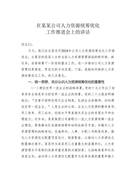 在某某公司人力资源统筹优化工作推进会上的讲话.docx