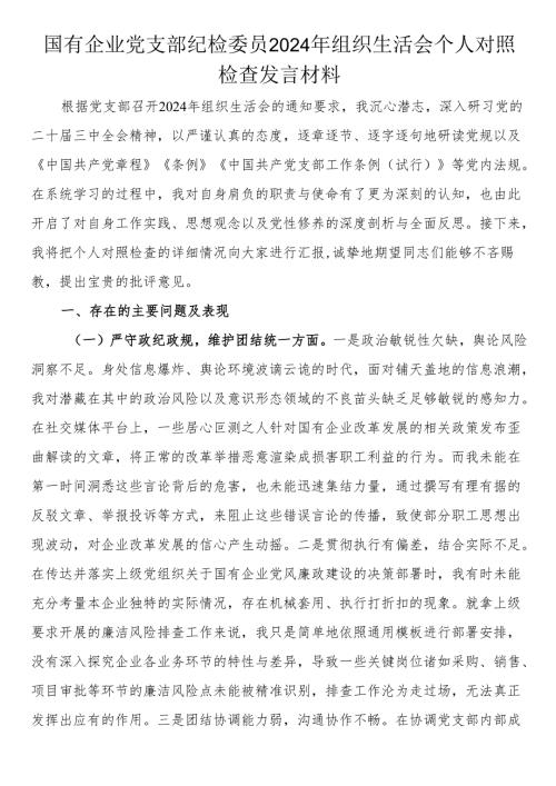 国有企业党支部纪检委员2024年组织生活会个人对照检查发言材料.docx
