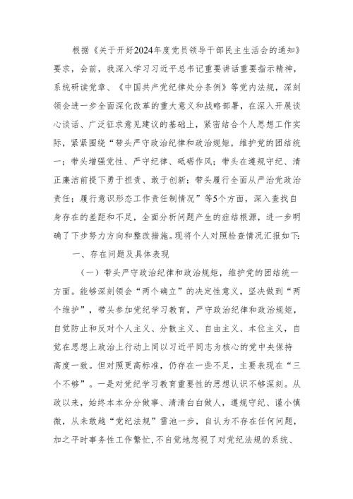 最新党委书记2024年度民主生活个人四个带头检查发言材料Word文档.docx