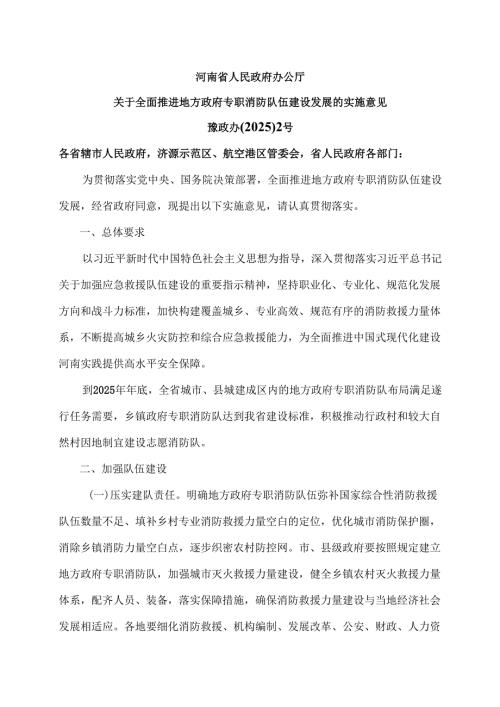 河南省关于全面推进地方政府专职消防队伍建设发展的实施意见（2025年）.docx