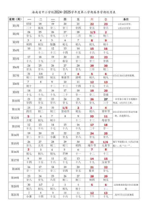 海南省海口三亚三沙儋州琼海文昌万宁东方五指山保亭市中小学校2024-2025学年度第二学期春季学期校历表word可编辑模板.docx