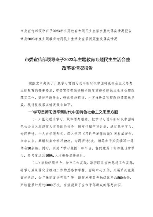 常委、市委宣传部领导班子2023年主题教育专题民主生活会整改落实情况报告.docx