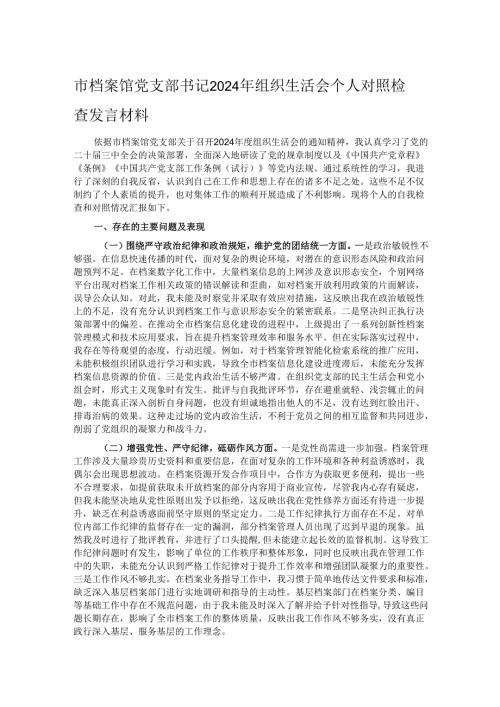 市档案馆党支部书记2024年组织生活会个人对照检查发言材料.docx