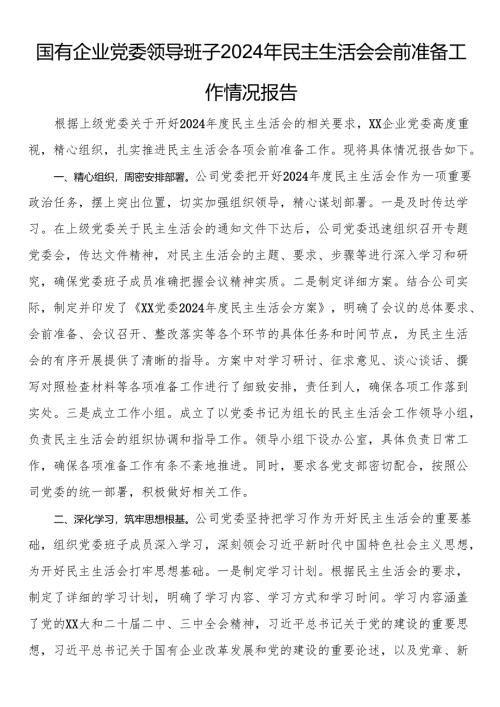国有企业党委领导班子2024年民主生活会会前准备工作情况报告.docx