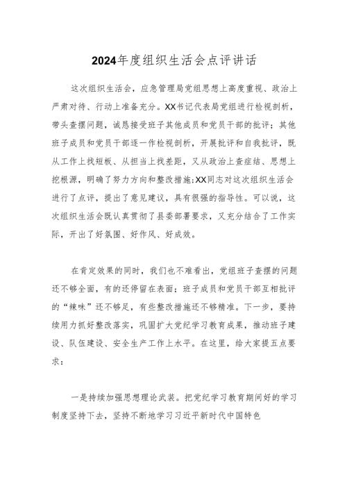 2024年度组织生活会点评讲话.docx