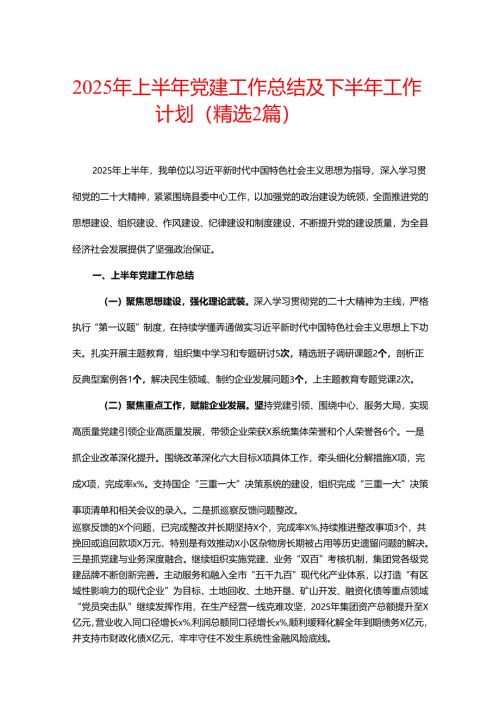2025年上半年党建工作总结及下半年工作计划（精选）.docx
