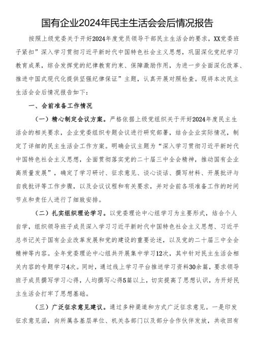 国有企业2024年民主生活会会后情况报告.docx