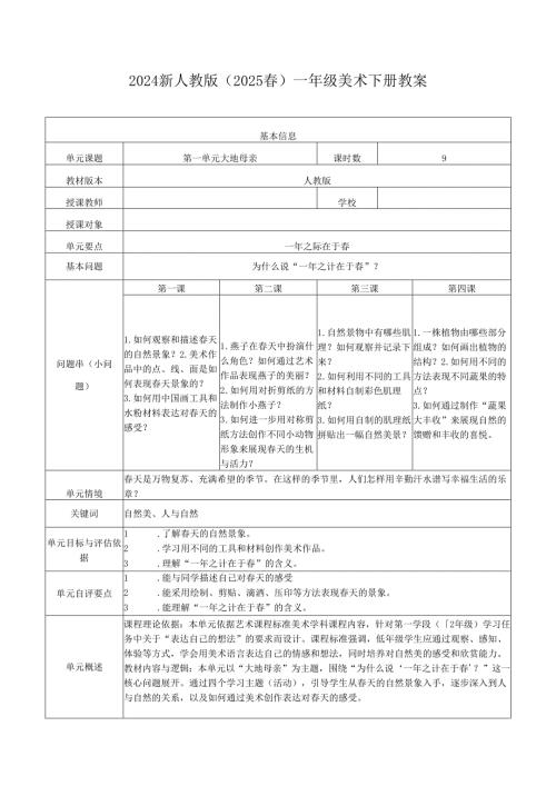 2024新人教版（2025春）一年级美术下册全册教案教学设计含大单元教案（表格式）.docx