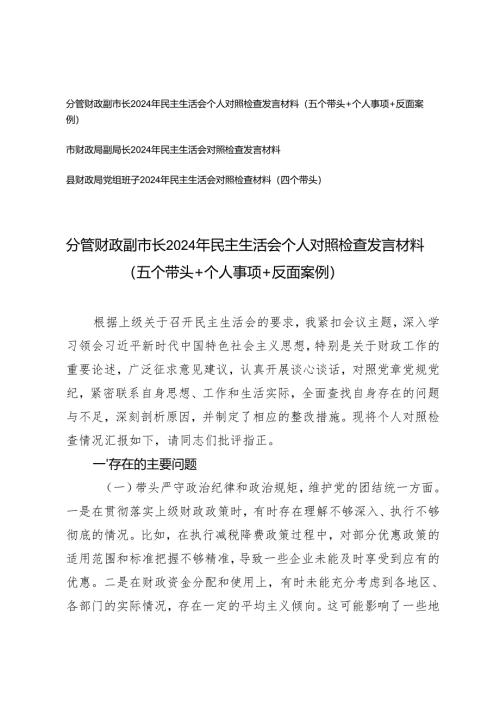 2025年分管财政副市长、财政系统一把手、党组班子民主生活会个人对照检查发言材料（五个带头＋个人事项＋反面案例）.docx