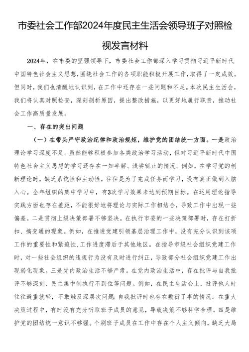 市委社会工作部2024年度民主生活会领导班子对照检视发言材料.docx
