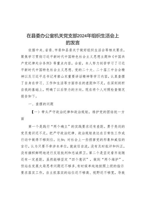 在县委办公室机关党支部2024年组织生活会上的发言.docx