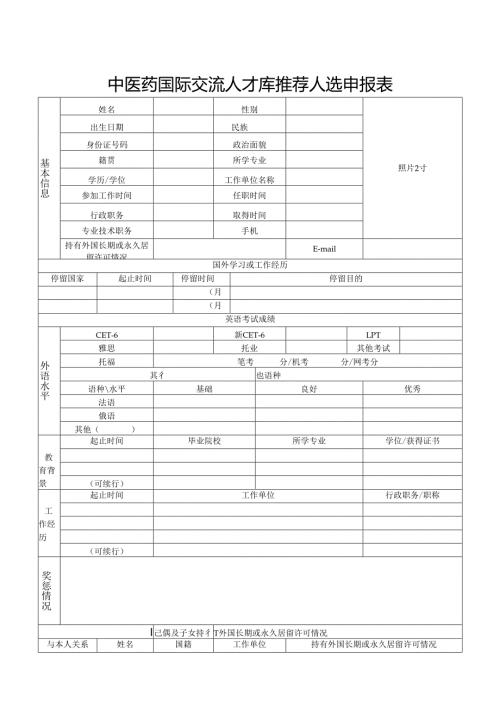 中医药国际交流人才库推荐人选申报表（2023年）.docx