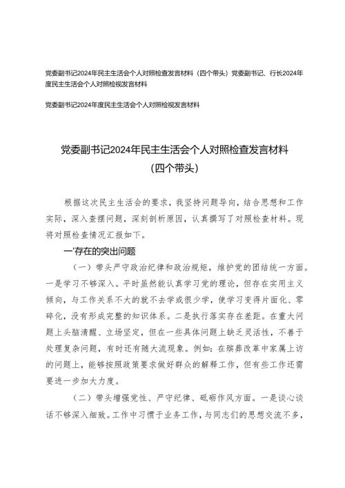 党委副书记、行长2024-2025年度民主生活会个人对照检视发言材料（存在的问题、原因分析、整改措施）.docx