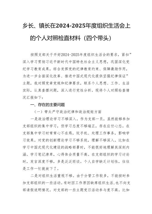 乡长、镇长在2024-2025年度组织生活会上的个人对照检查材料（四个带头）.docx