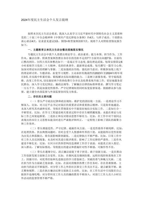 2024年度民主生活会个人发言提纲.docx